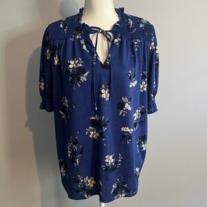 Melloday Top Womens 1x Blue Floral V Neck Ruffle Stretch Cute Casual Summer Plus